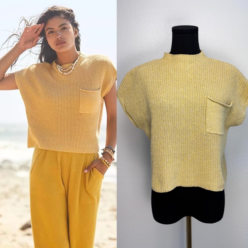 Free People Beach Freya Sweater, Yellow Small | Cotton Knit mock neck pullover